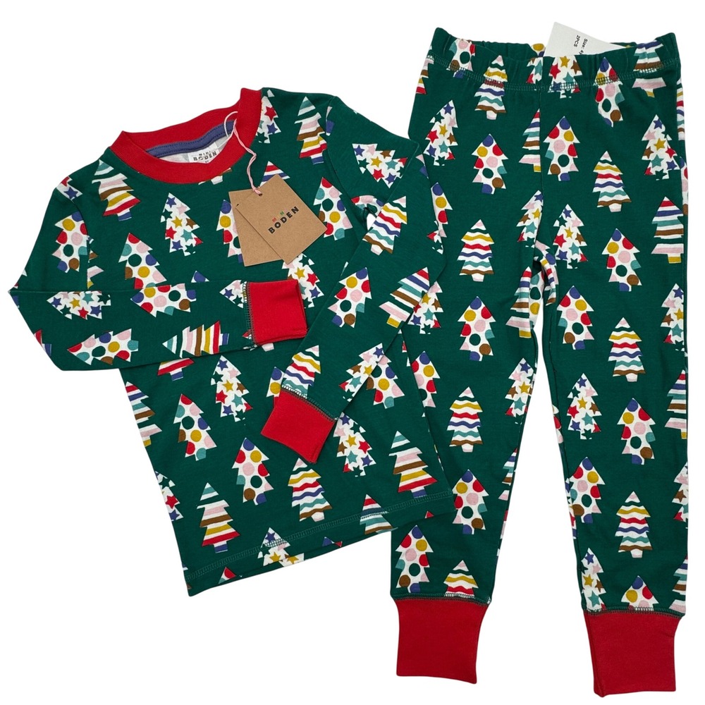 NEW Mini Boden Christmas Trees Pajamas Set Kids Size 4Y Green Red Stars Holiday